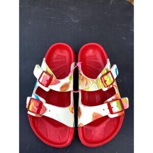 Birkis by Birkenstock Cuba Red Floral 3 Strap Buckle Slide Sandals